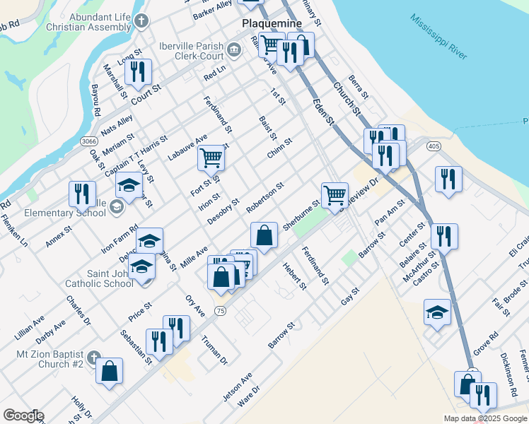 map of restaurants, bars, coffee shops, grocery stores, and more near 58224 Canal Street in Plaquemine