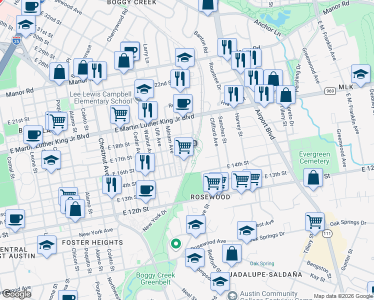 map of restaurants, bars, coffee shops, grocery stores, and more near 2921 East 17th Street in Austin