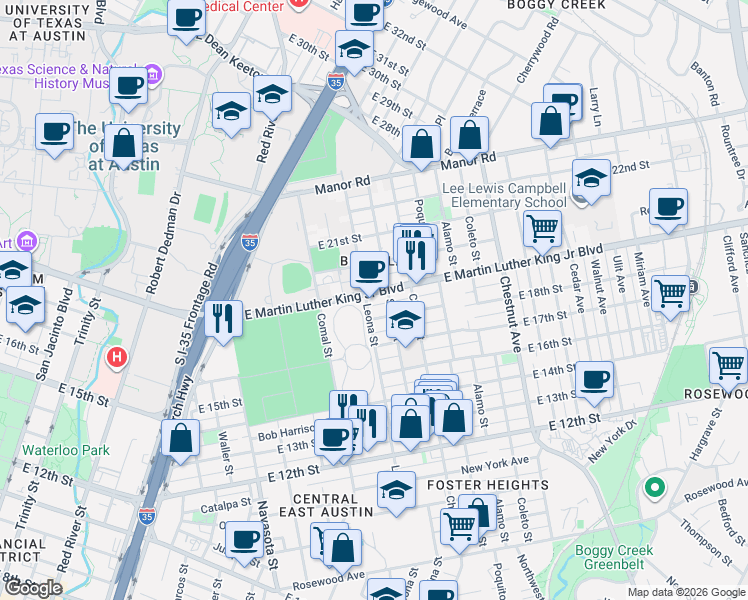 map of restaurants, bars, coffee shops, grocery stores, and more near 1805 Leona Street in Austin