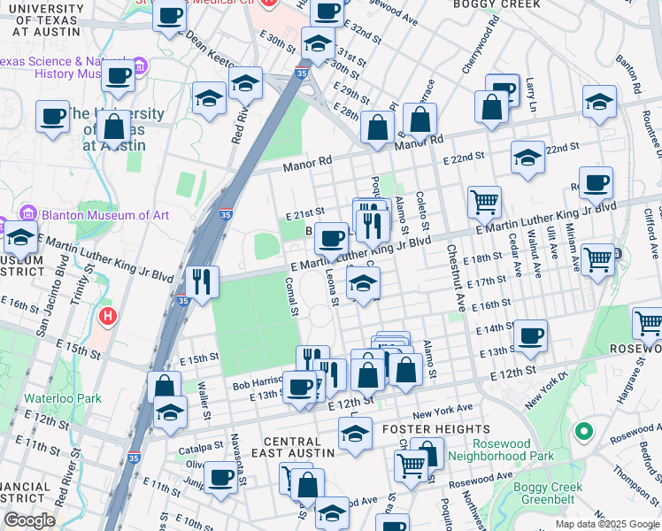 map of restaurants, bars, coffee shops, grocery stores, and more near 1805 Leona Street in Austin