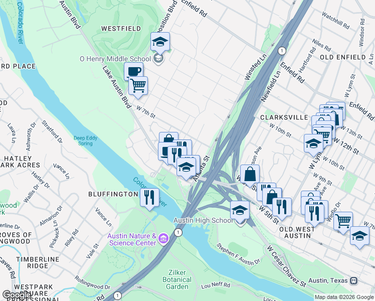 map of restaurants, bars, coffee shops, grocery stores, and more near 601 Deep Eddy Avenue in Austin