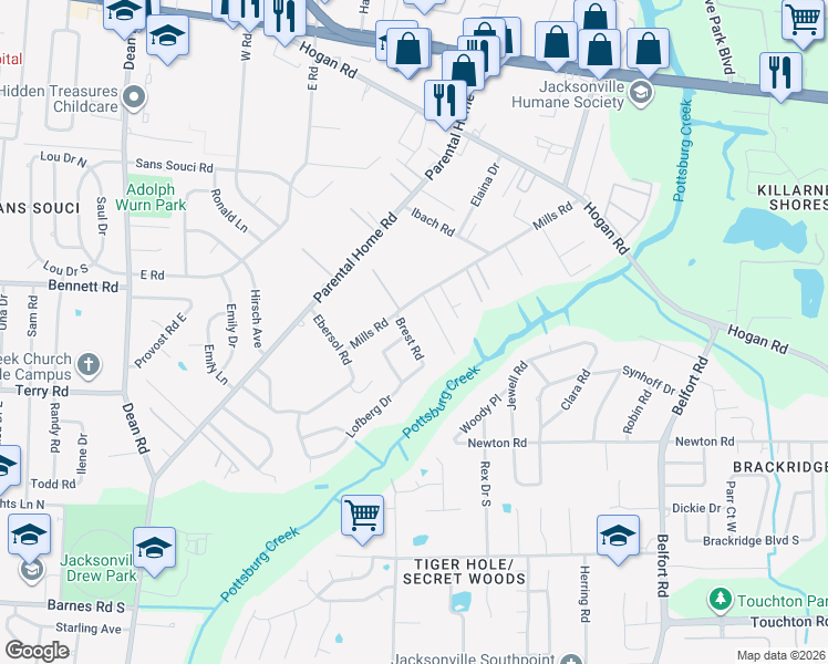 map of restaurants, bars, coffee shops, grocery stores, and more near 2335 Brest Road in Jacksonville