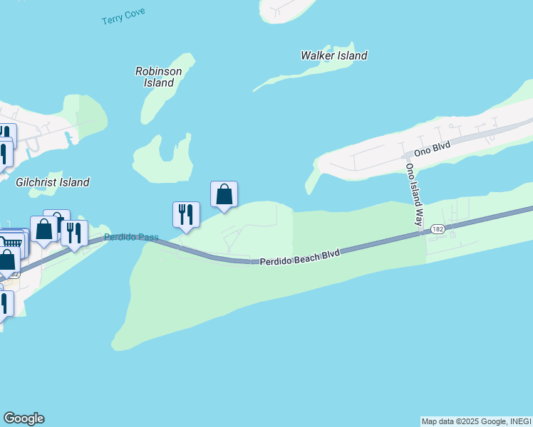 map of restaurants, bars, coffee shops, grocery stores, and more near 28107 Perdido Beach Boulevard in Orange Beach