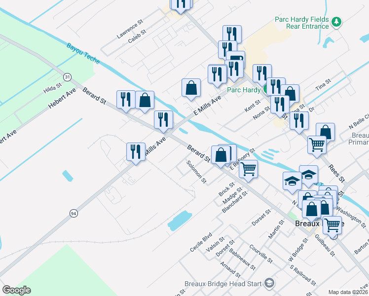map of restaurants, bars, coffee shops, grocery stores, and more near 1115 Berard Street in Breaux Bridge