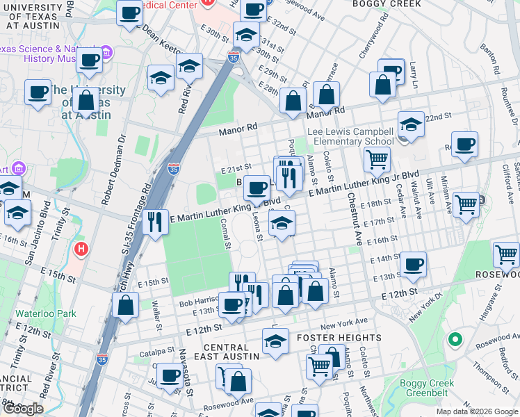 map of restaurants, bars, coffee shops, grocery stores, and more near 1805 Leona Street in Austin