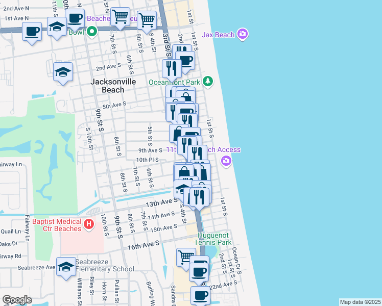 map of restaurants, bars, coffee shops, grocery stores, and more near 975 3rd Street South in Jacksonville Beach