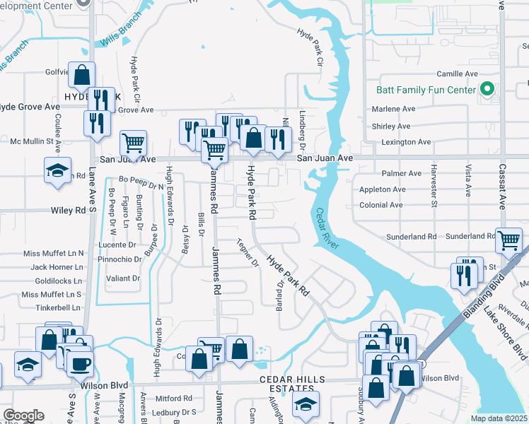 map of restaurants, bars, coffee shops, grocery stores, and more near 2125 Hyde Park Road in Jacksonville