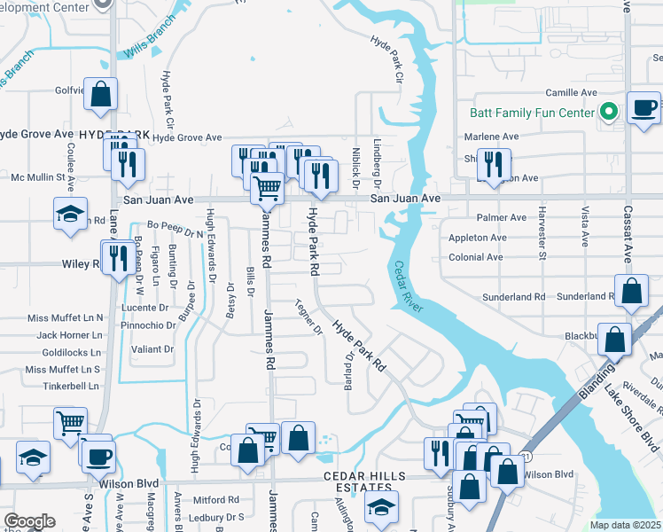 map of restaurants, bars, coffee shops, grocery stores, and more near 2125 Hyde Park Road in Jacksonville