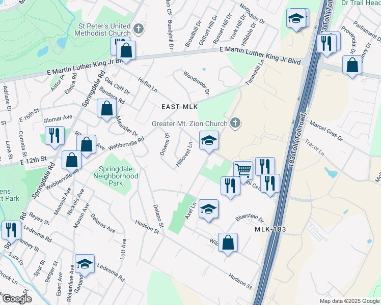 map of restaurants, bars, coffee shops, grocery stores, and more near 1723 Hillcrest Lane in Austin