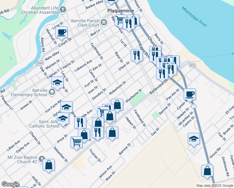 map of restaurants, bars, coffee shops, grocery stores, and more near 58224 Canal Street in Plaquemine