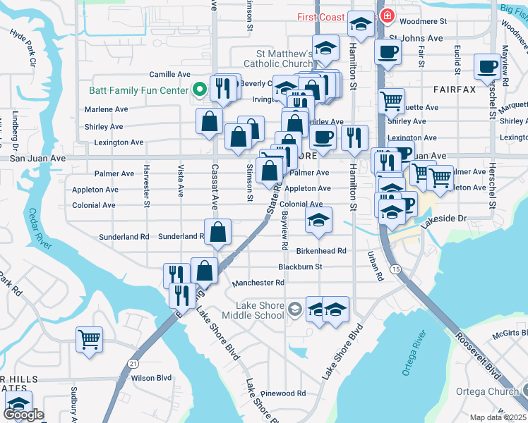map of restaurants, bars, coffee shops, grocery stores, and more near 4763 Fremont Street in Jacksonville