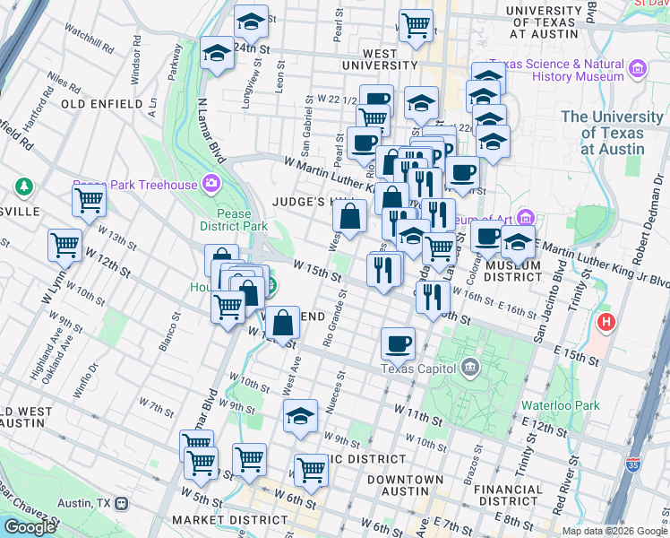 map of restaurants, bars, coffee shops, grocery stores, and more near 1404 West Avenue in Austin