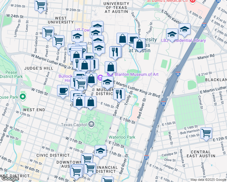 map of restaurants, bars, coffee shops, grocery stores, and more near 1801 Brazos St in Austin