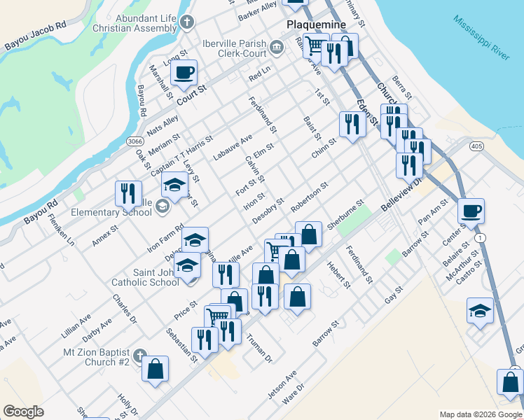 map of restaurants, bars, coffee shops, grocery stores, and more near 58349 Desobry Street in Plaquemine