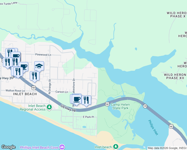 map of restaurants, bars, coffee shops, grocery stores, and more near 144 Grande Point Drive West in Panama City Beach