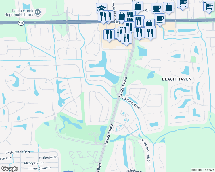 map of restaurants, bars, coffee shops, grocery stores, and more near 13566 Isla Vista Drive in Jacksonville