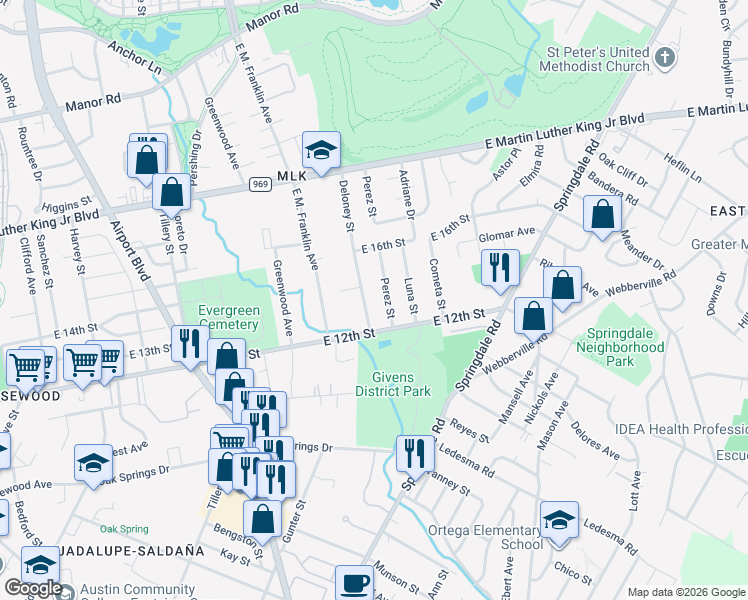 map of restaurants, bars, coffee shops, grocery stores, and more near 1208 Perez Street in Austin