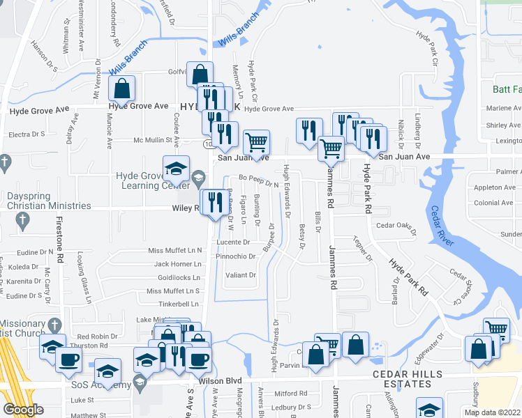 map of restaurants, bars, coffee shops, grocery stores, and more near 2111 Bunting Drive in Jacksonville