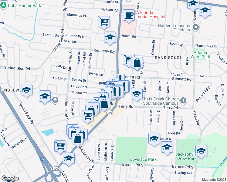 map of restaurants, bars, coffee shops, grocery stores, and more near 4335 University Boulevard South in Jacksonville