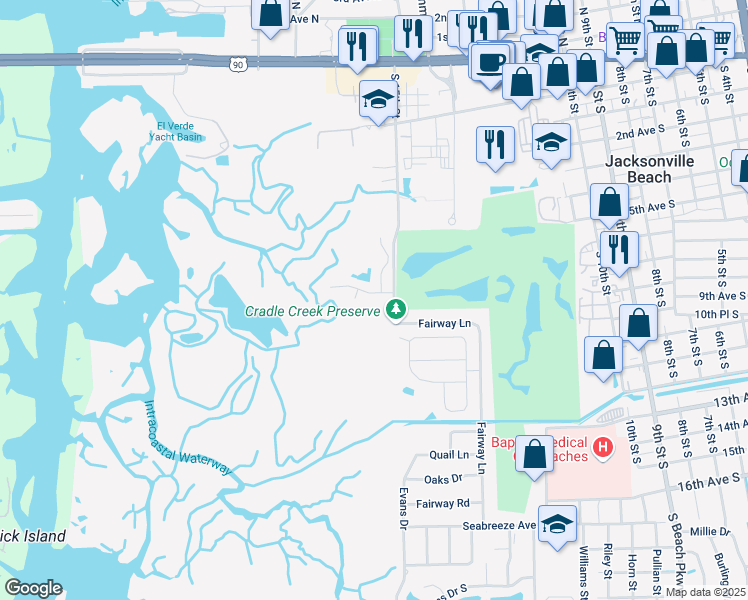 map of restaurants, bars, coffee shops, grocery stores, and more near 1556 Marshside Drive in Jacksonville Beach