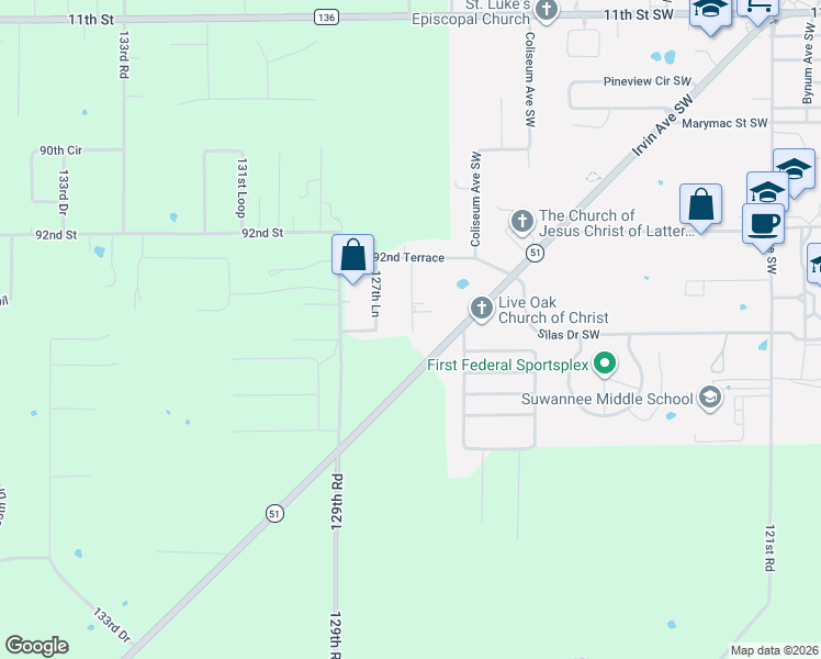 map of restaurants, bars, coffee shops, grocery stores, and more near 9598 127th Drive in Live Oak