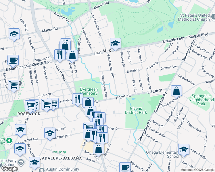 map of restaurants, bars, coffee shops, grocery stores, and more near 1308 Greenwood Avenue in Austin