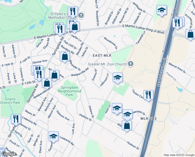 map of restaurants, bars, coffee shops, grocery stores, and more near 1718 Bunche Road in Austin