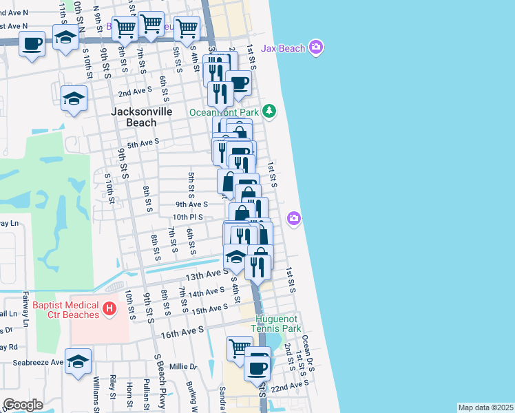 map of restaurants, bars, coffee shops, grocery stores, and more near 138 10th Avenue South in Jacksonville Beach