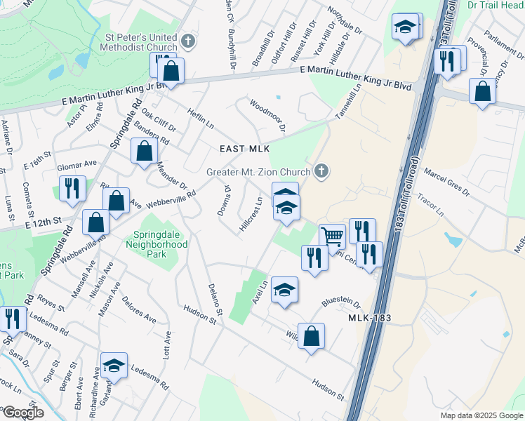 map of restaurants, bars, coffee shops, grocery stores, and more near 1723 Hillcrest Lane in Austin