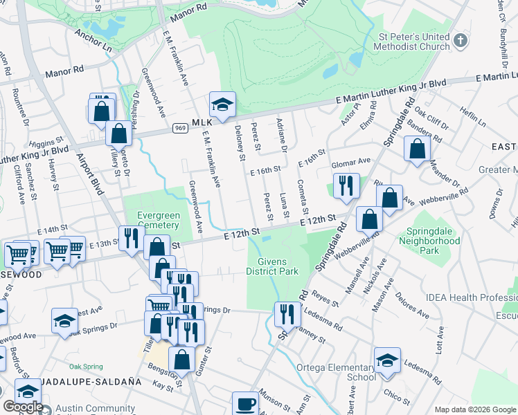 map of restaurants, bars, coffee shops, grocery stores, and more near 1208 Perez Street in Austin