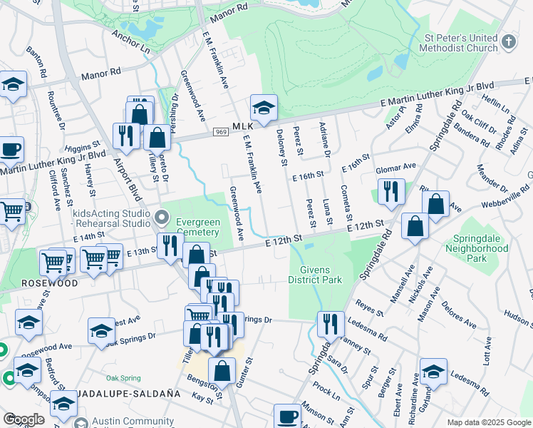 map of restaurants, bars, coffee shops, grocery stores, and more near 1302 E. M. Franklin Avenue in Austin