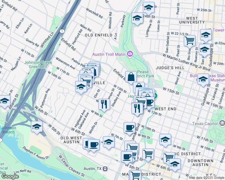 map of restaurants, bars, coffee shops, grocery stores, and more near 1200 Lorrain Street in Austin