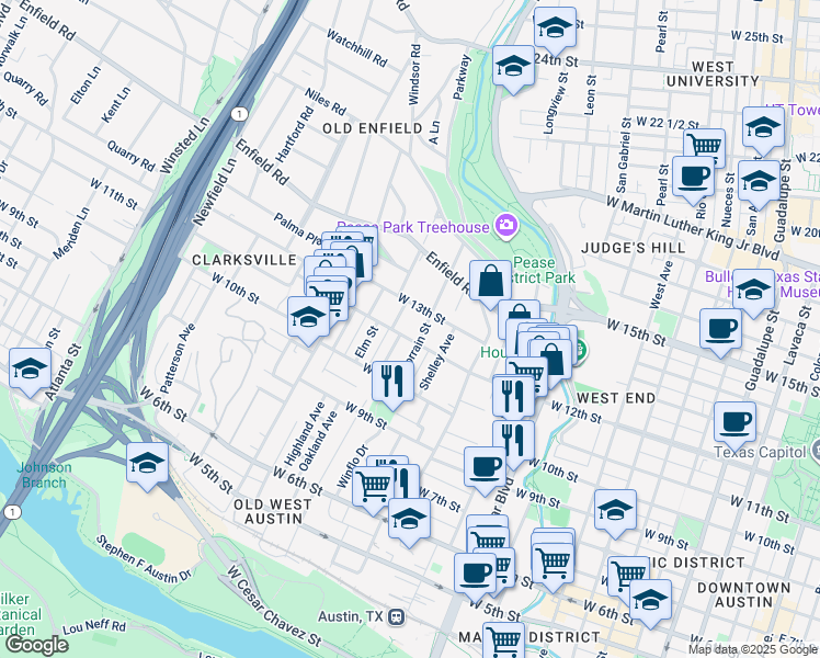 map of restaurants, bars, coffee shops, grocery stores, and more near 1200 Lorrain Street in Austin