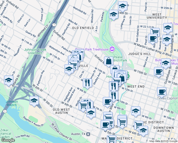 map of restaurants, bars, coffee shops, grocery stores, and more near 1200 Lorrain Street in Austin