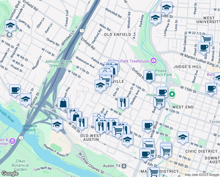 map of restaurants, bars, coffee shops, grocery stores, and more near 1002 Eason Street in Austin