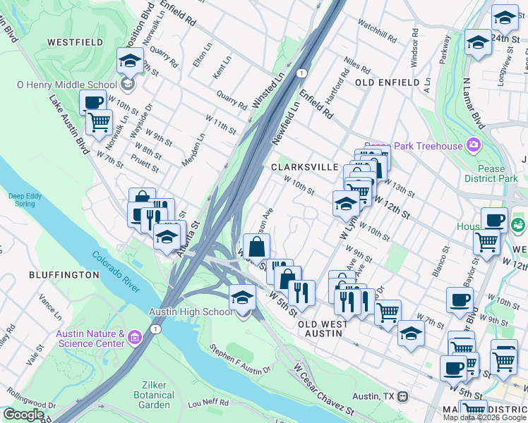 map of restaurants, bars, coffee shops, grocery stores, and more near 718 Patterson Avenue in Austin