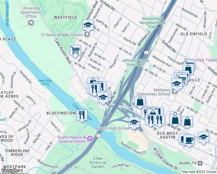 map of restaurants, bars, coffee shops, grocery stores, and more near 609 Upson Street in Austin