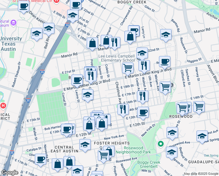 map of restaurants, bars, coffee shops, grocery stores, and more near 2200 East 18th Street in Austin