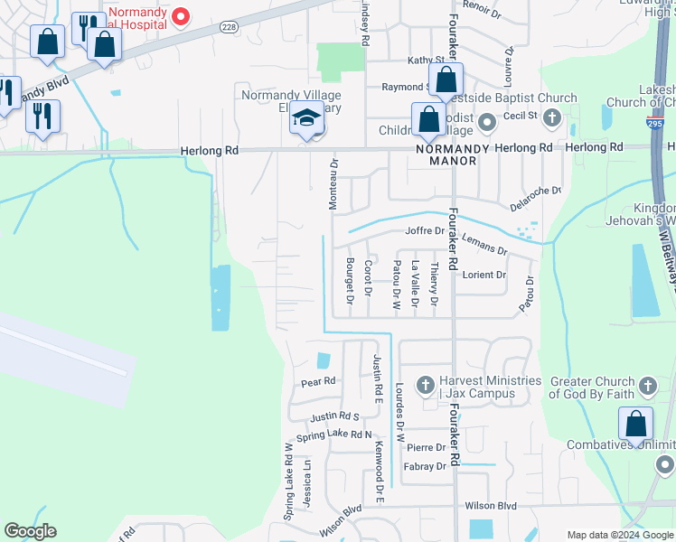 map of restaurants, bars, coffee shops, grocery stores, and more near 2149 Monteau Drive in Jacksonville