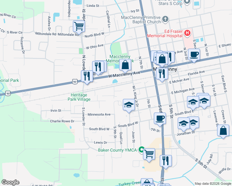 map of restaurants, bars, coffee shops, grocery stores, and more near 512 Lissie Court in Macclenny