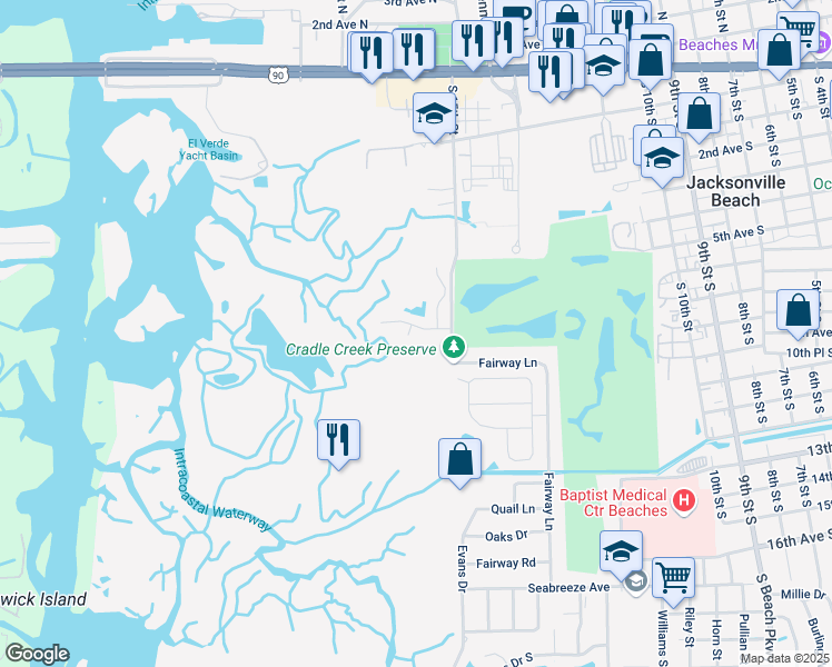 map of restaurants, bars, coffee shops, grocery stores, and more near 1556 Marshside Drive in Jacksonville Beach