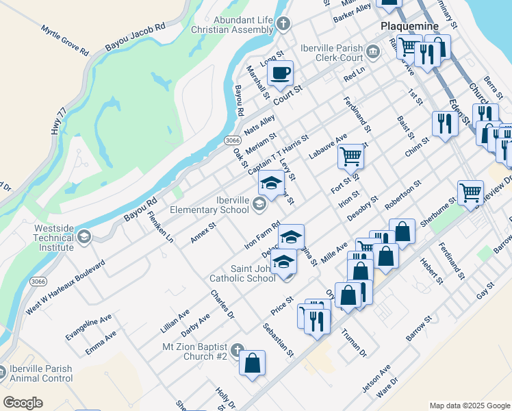 map of restaurants, bars, coffee shops, grocery stores, and more near 58650 Iron Farm Road in Plaquemine