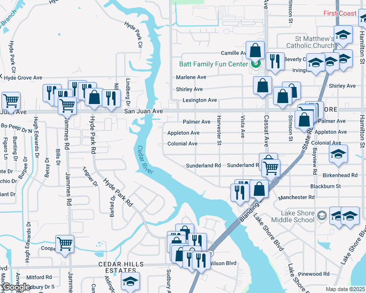 map of restaurants, bars, coffee shops, grocery stores, and more near 5332 Colonial Avenue in Jacksonville