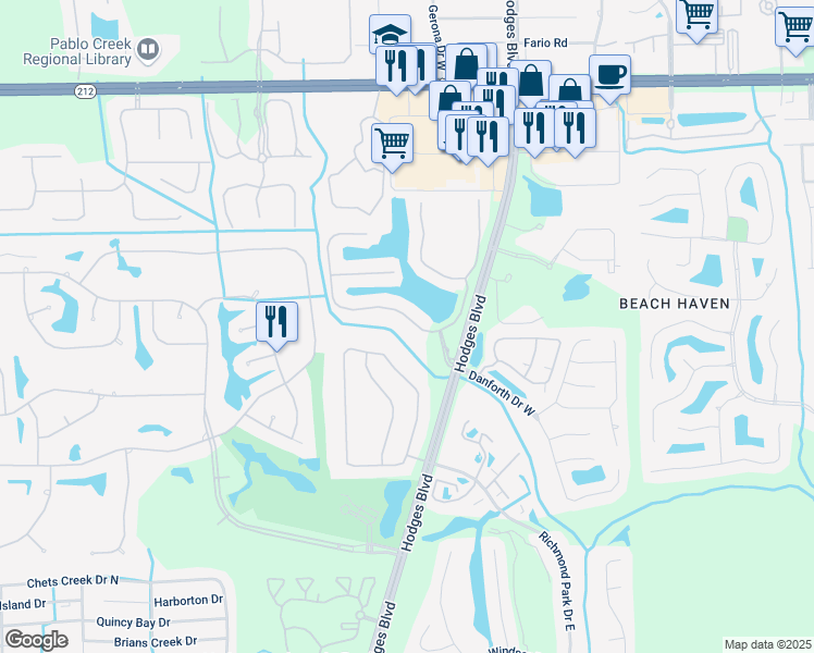 map of restaurants, bars, coffee shops, grocery stores, and more near 13566 Isla Vista Drive in Jacksonville