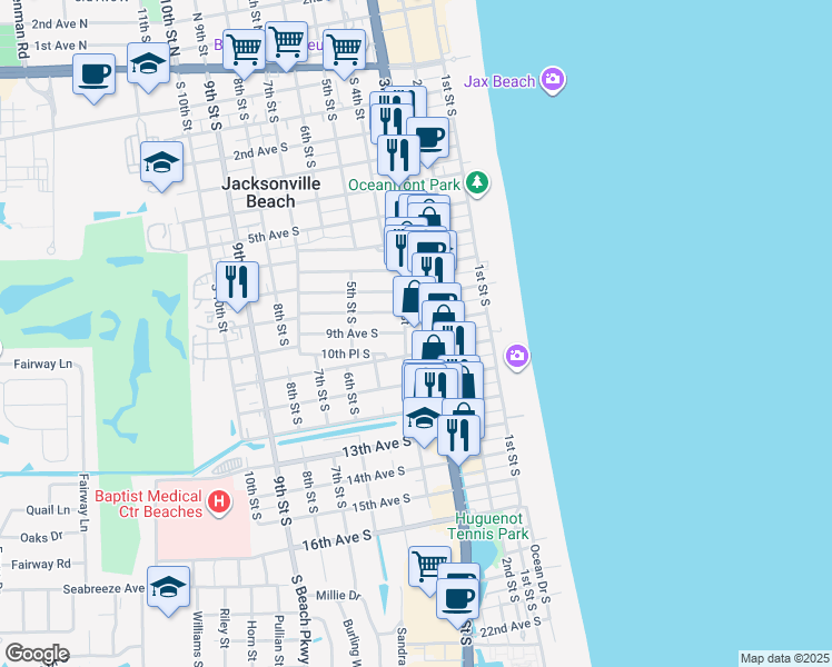 map of restaurants, bars, coffee shops, grocery stores, and more near 920 3rd Street South in Jacksonville Beach