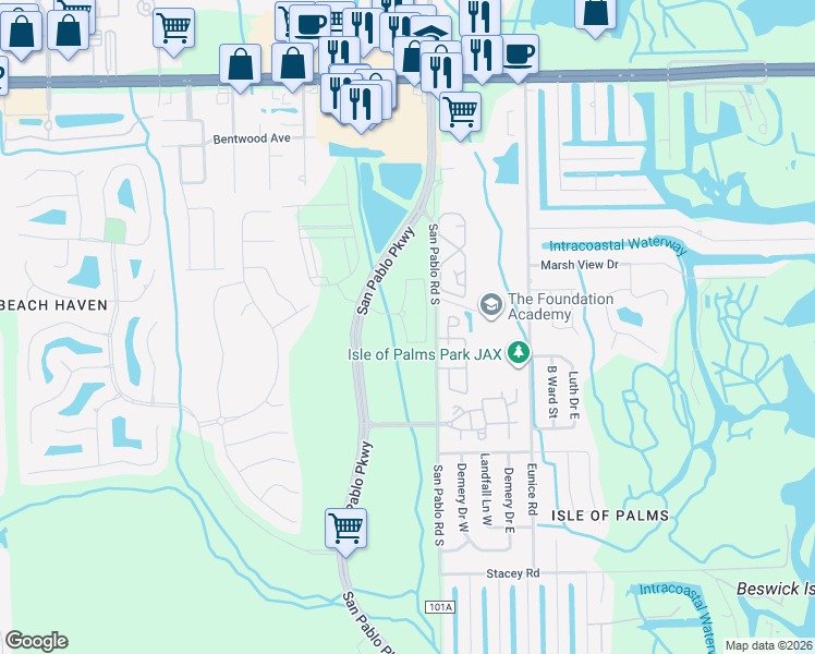 map of restaurants, bars, coffee shops, grocery stores, and more near 3709 3709-4 San Pablo Ap in Jacksonville