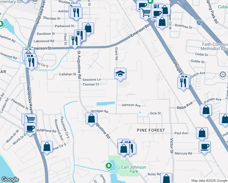 map of restaurants, bars, coffee shops, grocery stores, and more near 4080 Grant Road in Jacksonville