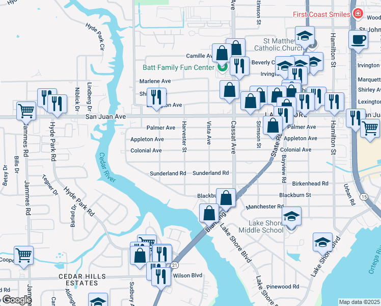 map of restaurants, bars, coffee shops, grocery stores, and more near 5137 Fremont Street in Jacksonville