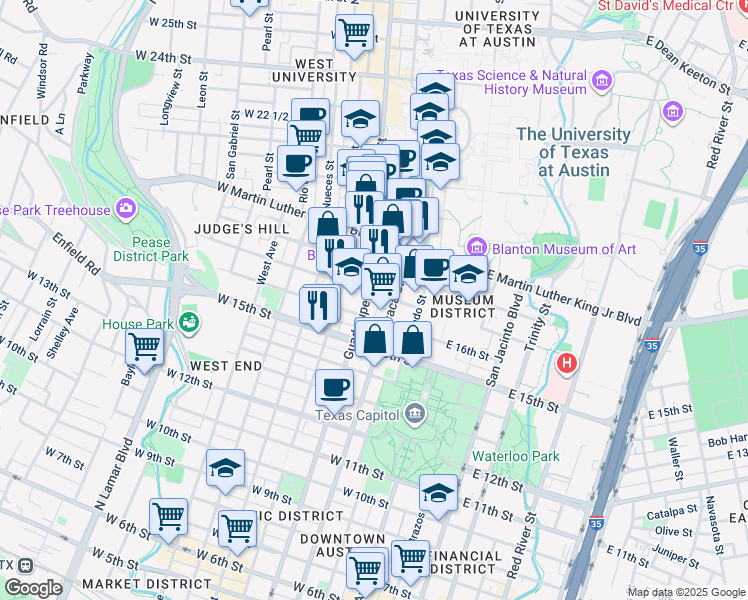map of restaurants, bars, coffee shops, grocery stores, and more near 1612 Lavaca Street in Austin