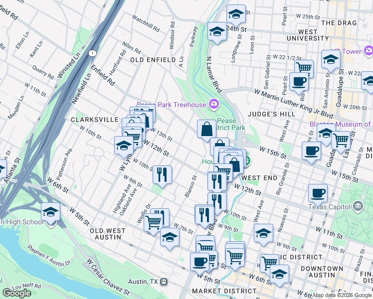 map of restaurants, bars, coffee shops, grocery stores, and more near 1206 Shelley Avenue in Austin